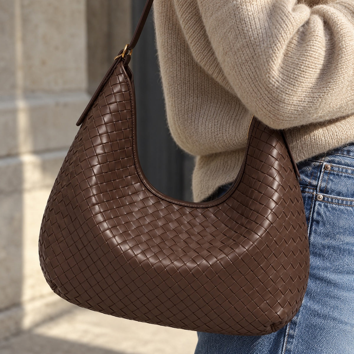 The Greta Woven Crescent Bag